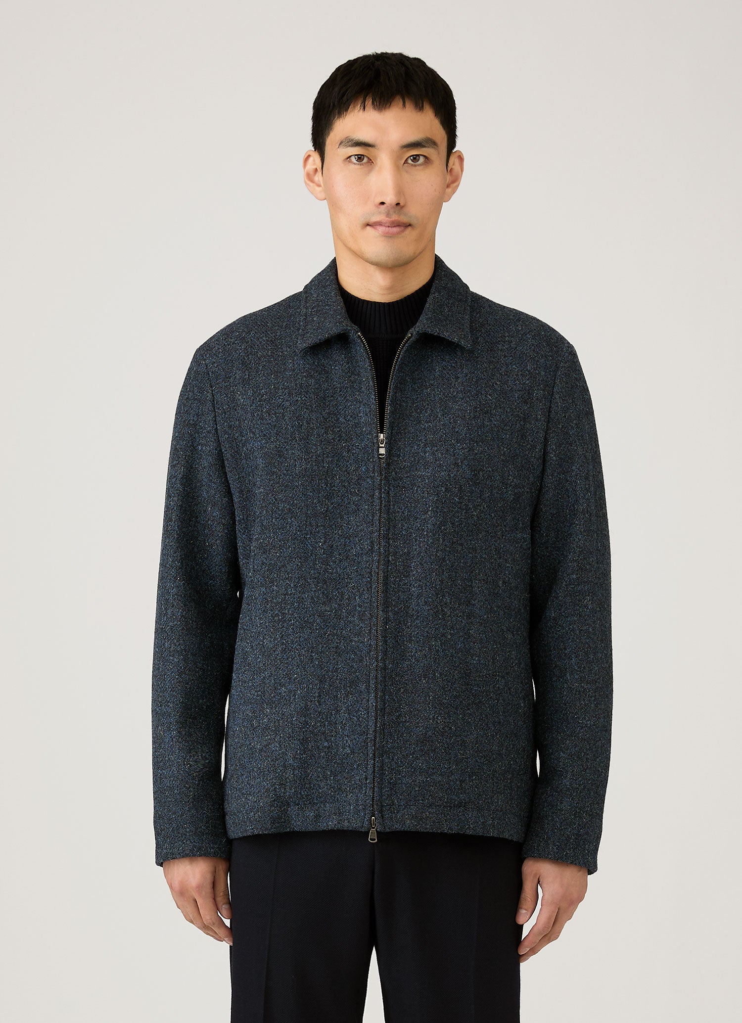 Men's Harris Tweed Harrington Jacket in Blue Herringbone