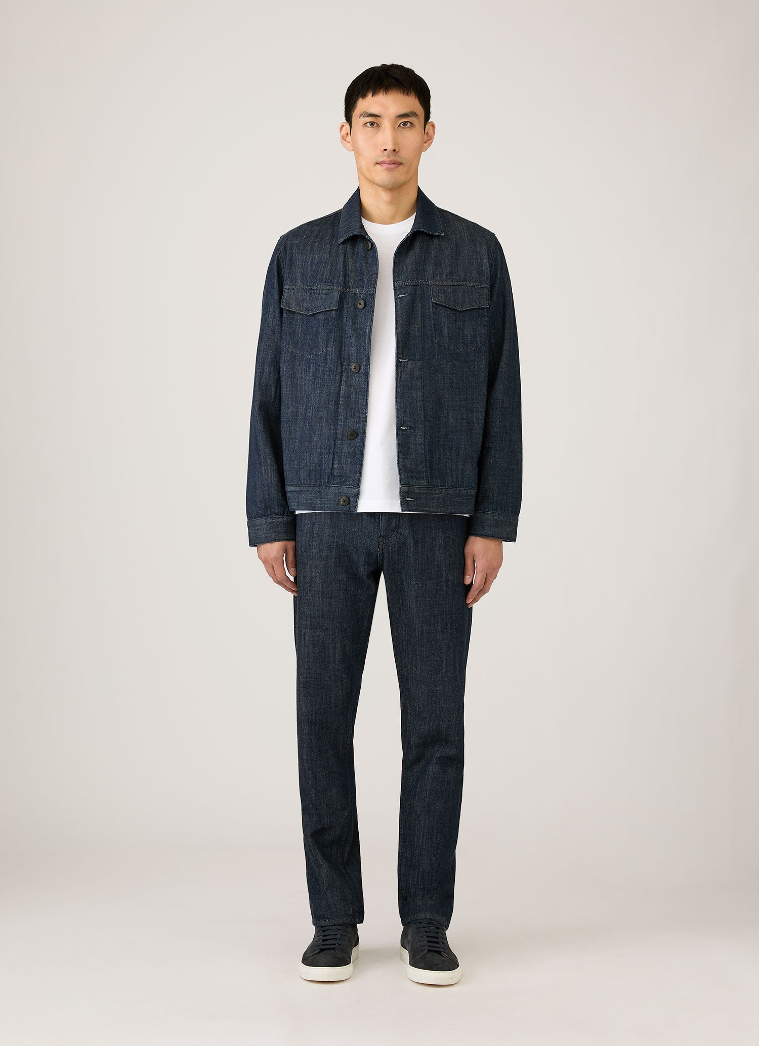 Men's Japanese Denim Trucker Jacket in Rinse Wash Denim
