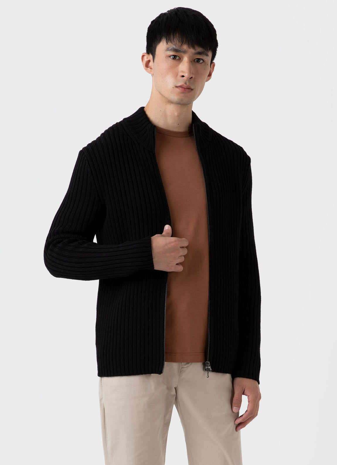 Men's Merino Rib Zip Cardigan in Black
