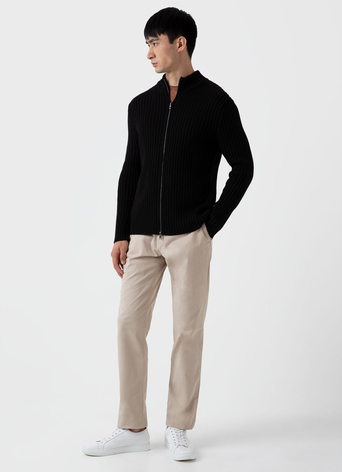 Men's Merino Rib Zip Cardigan in Black