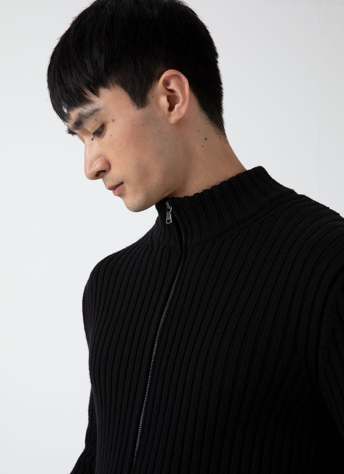 Men's Merino Rib Zip Cardigan in Black