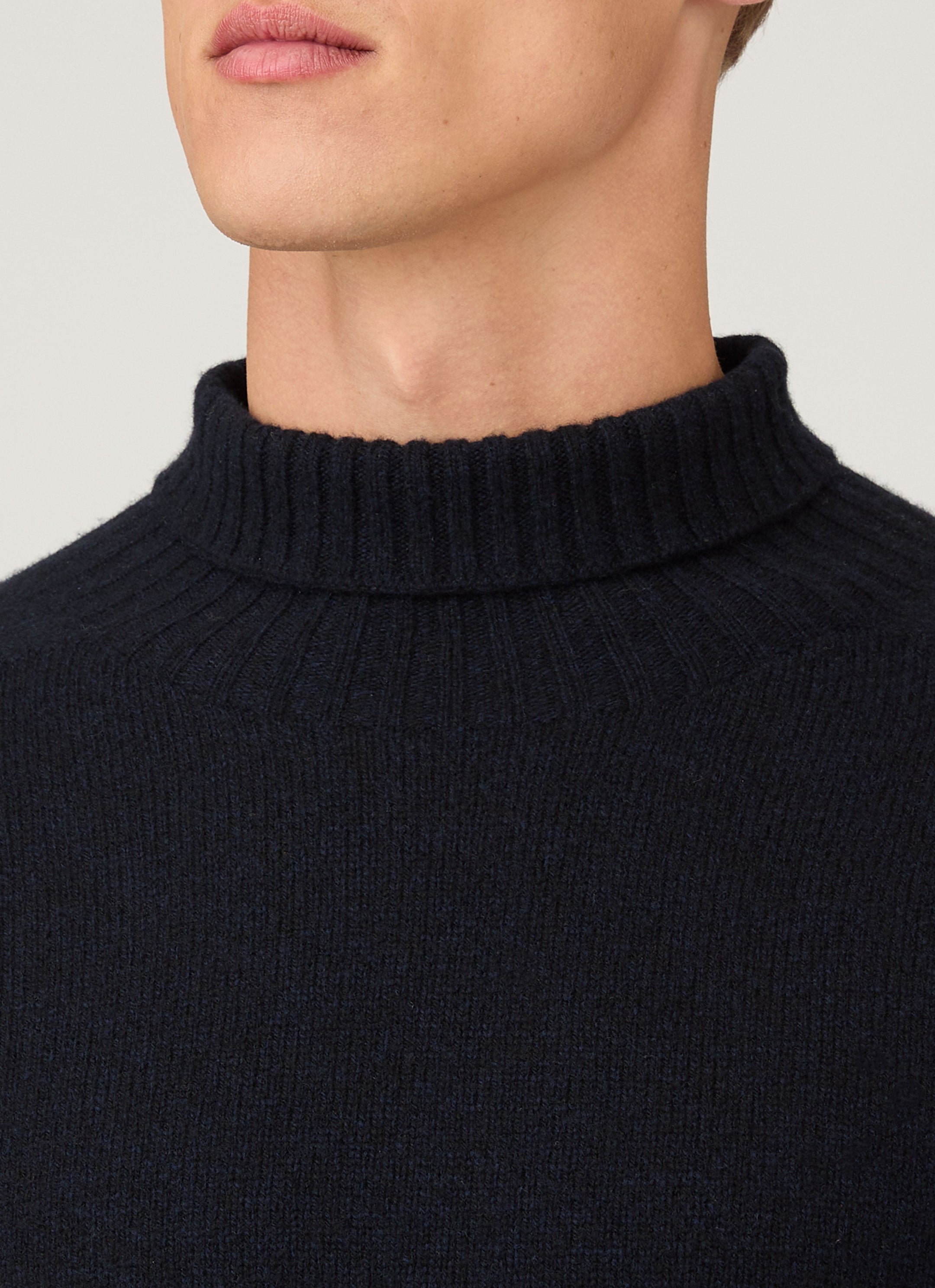 Men's Lambswool Roll Neck in Dark Navy Mouline