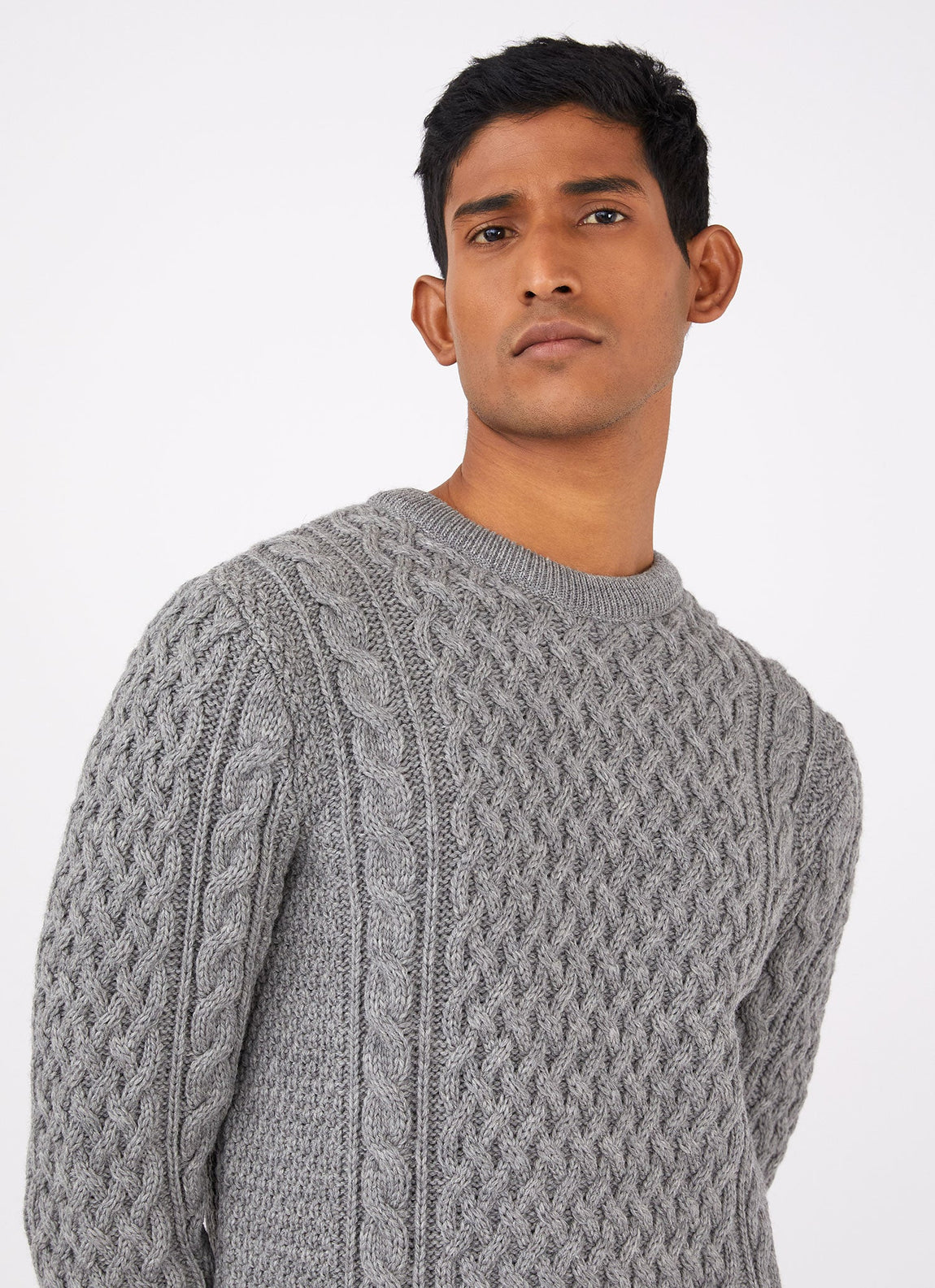 Men's Merino Cable Jumper in Grey Melange