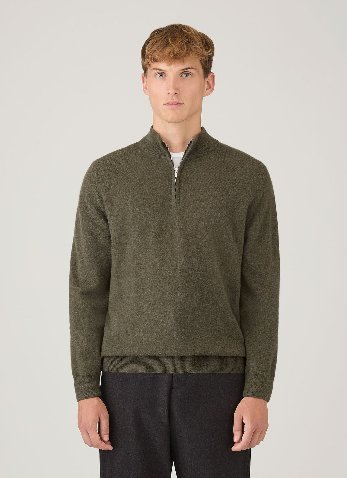 Men's Cashmere Half Zip Jumper in Khaki