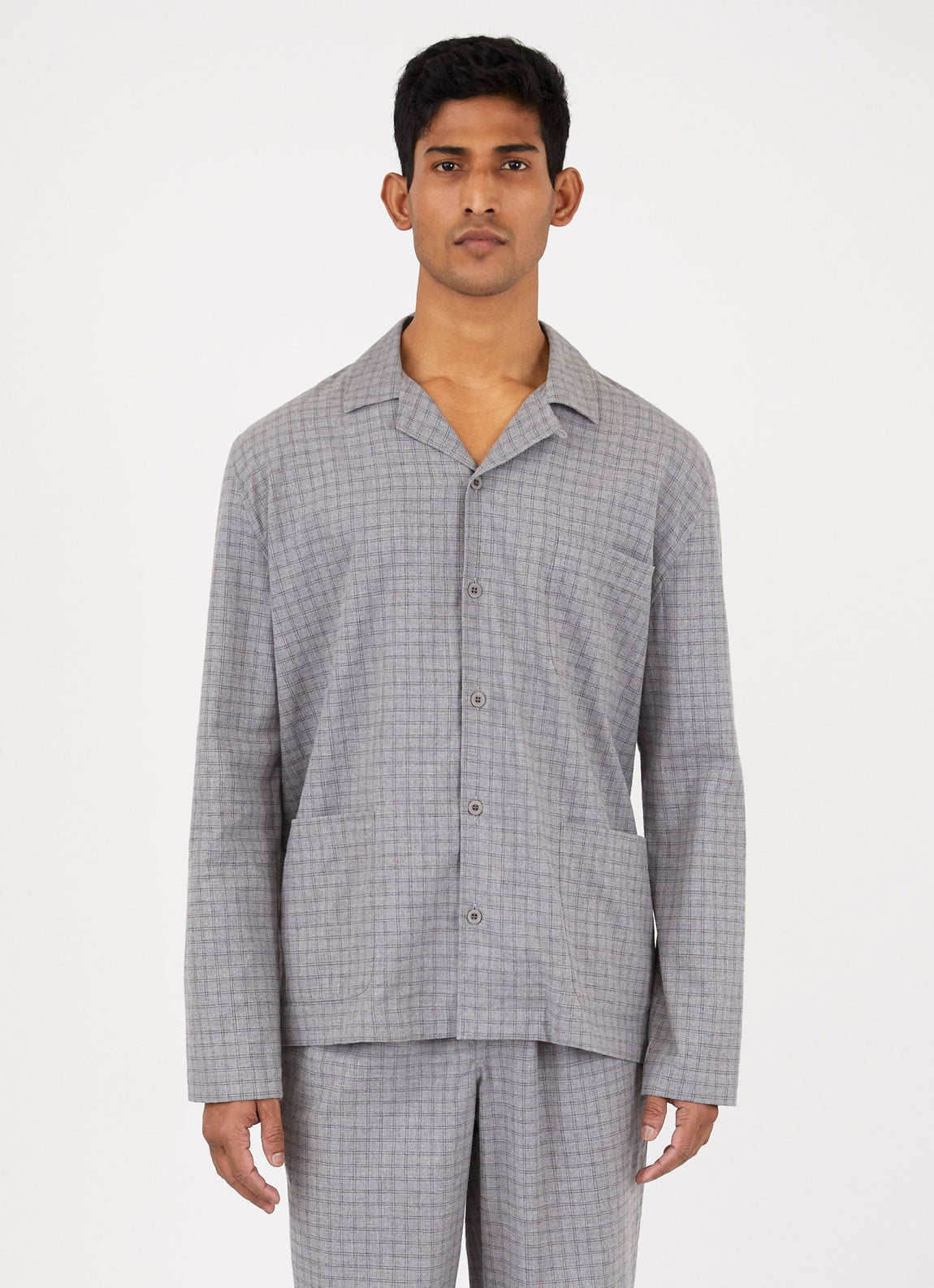 Men's Cotton Flannel Pyjama Shirt in Grey Melange Window Check