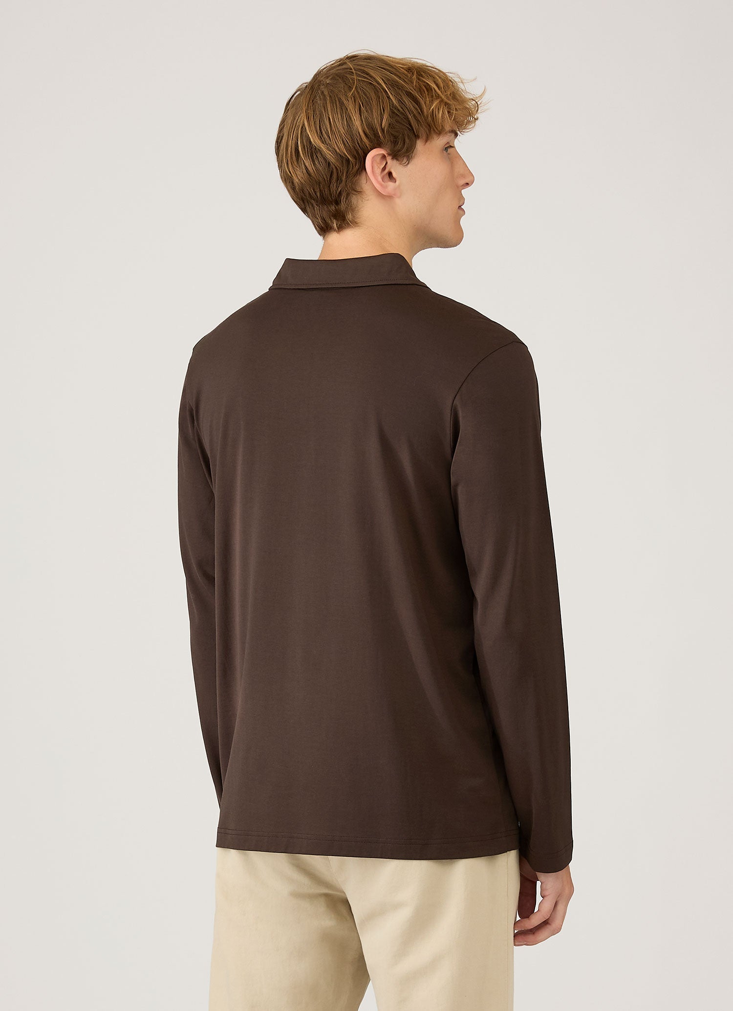 Men's Long Sleeve Classic Jersey Polo Shirt in Dark Chocolate