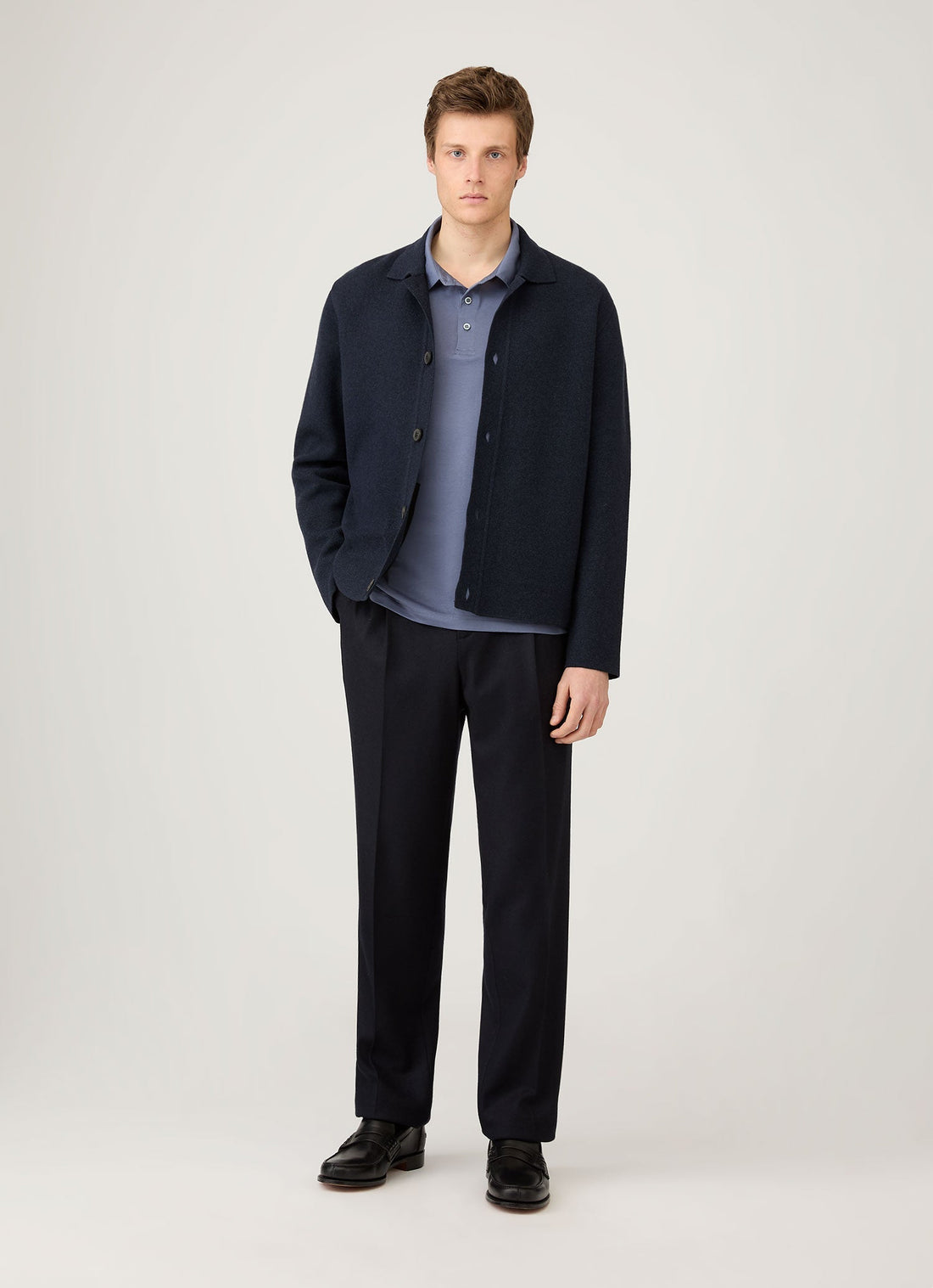 Men's Long Sleeve Classic Jersey Polo Shirt in Selvedge Blue