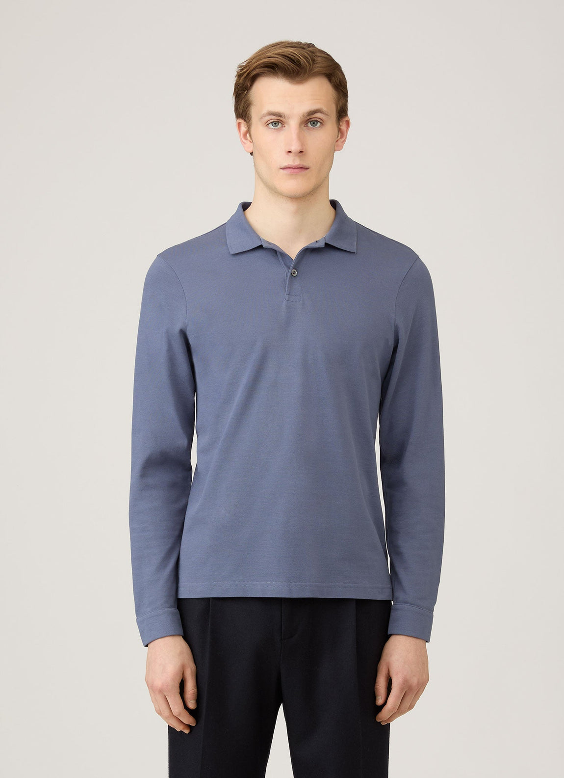 Men's Long Sleeve Piqué Polo Shirt in Selvedge Blue