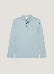 Men's Long Sleeve Sea Island Cotton Knit Polo Shirt in Stone Blue