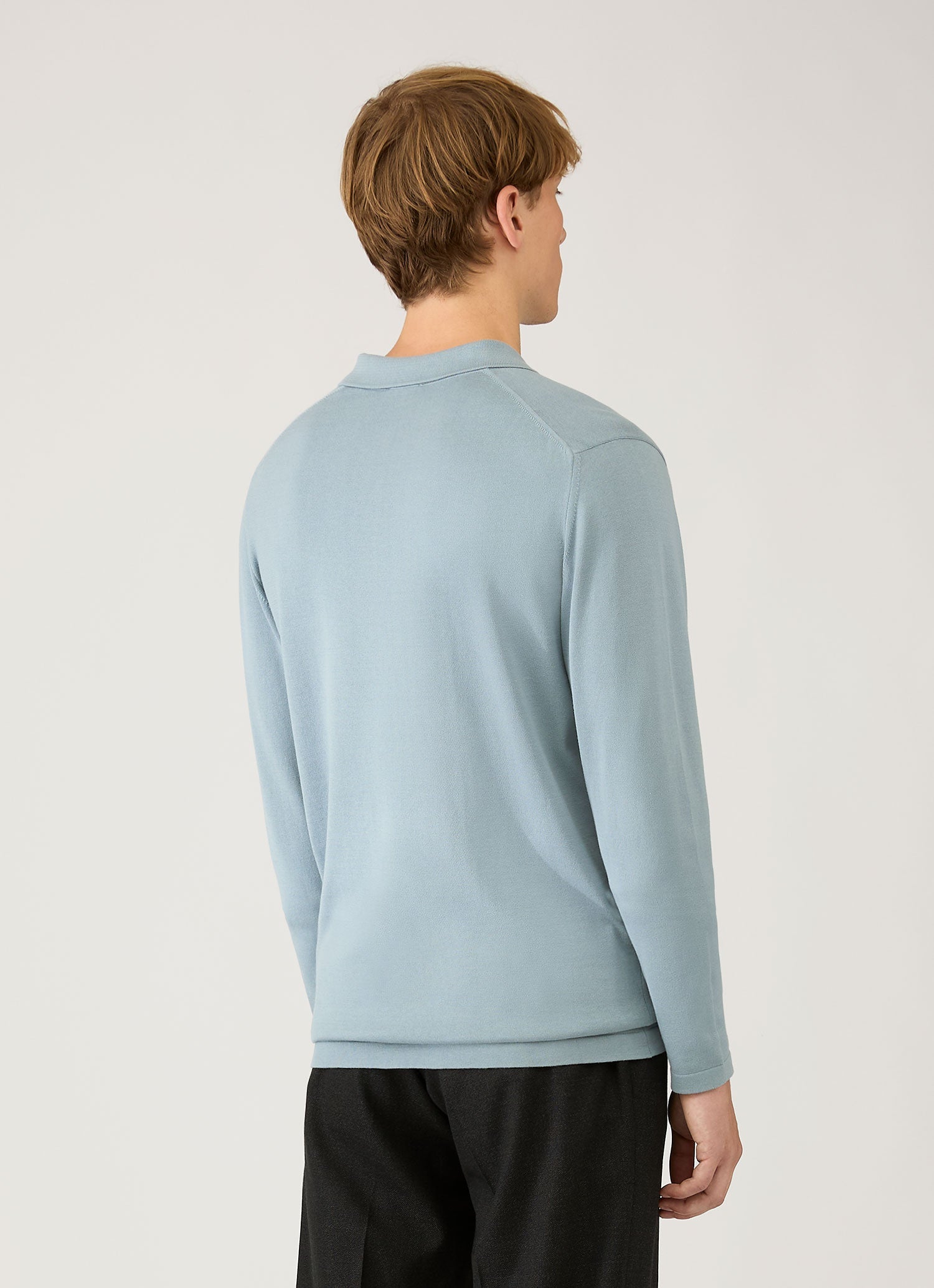 Men's Long Sleeve Sea Island Cotton Knit Polo Shirt in Stone Blue