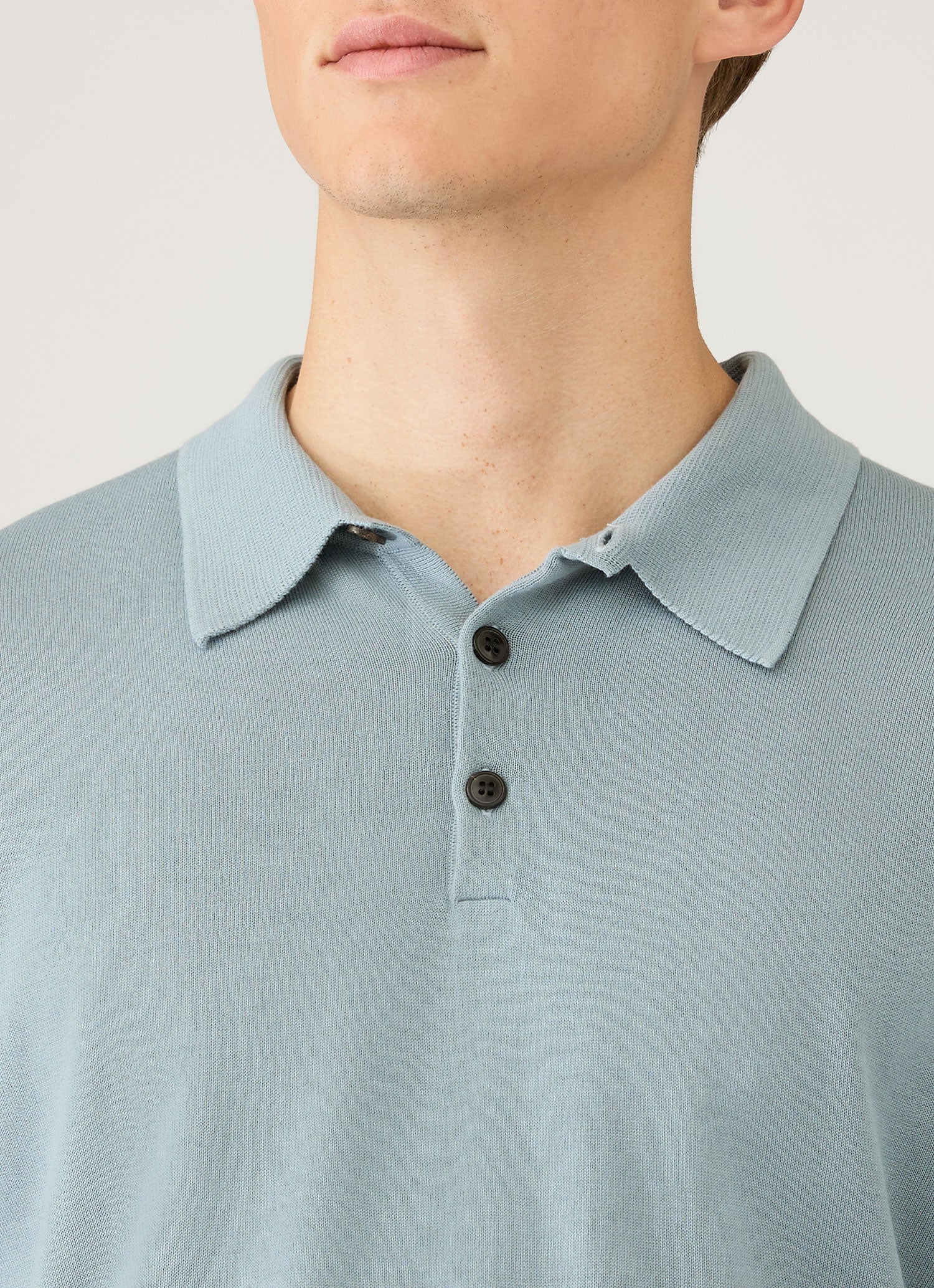 Men's Long Sleeve Sea Island Cotton Knit Polo Shirt in Stone Blue