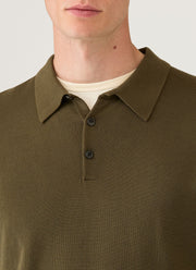 Men's Long Sleeve Sea Island Cotton Knit Polo Shirt in Deep Olive
