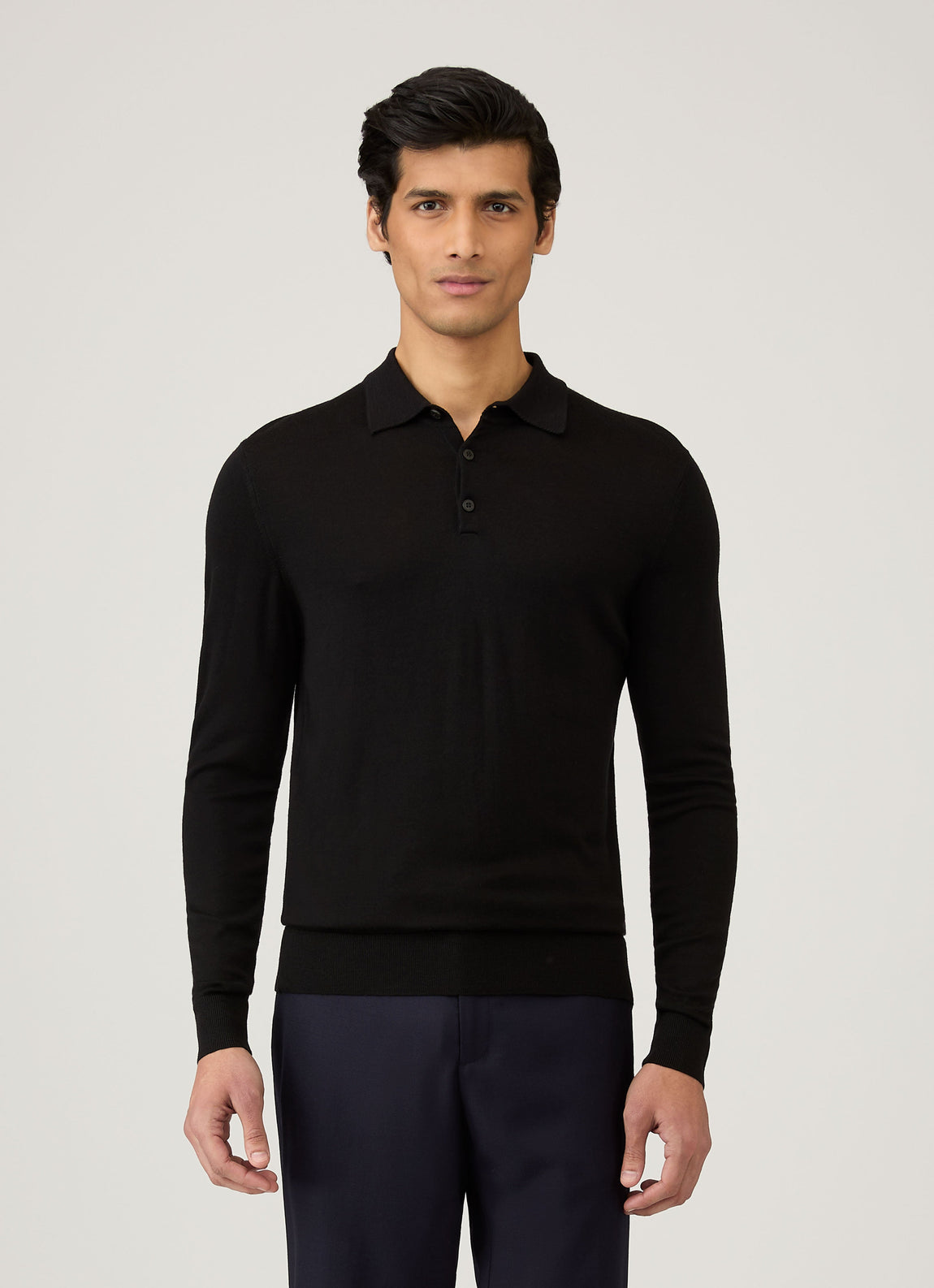 Men's Extra-Fine Merino Knitted Polo Shirt in Black