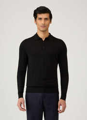 Men's Extra-Fine Merino Knitted Polo Shirt in Black