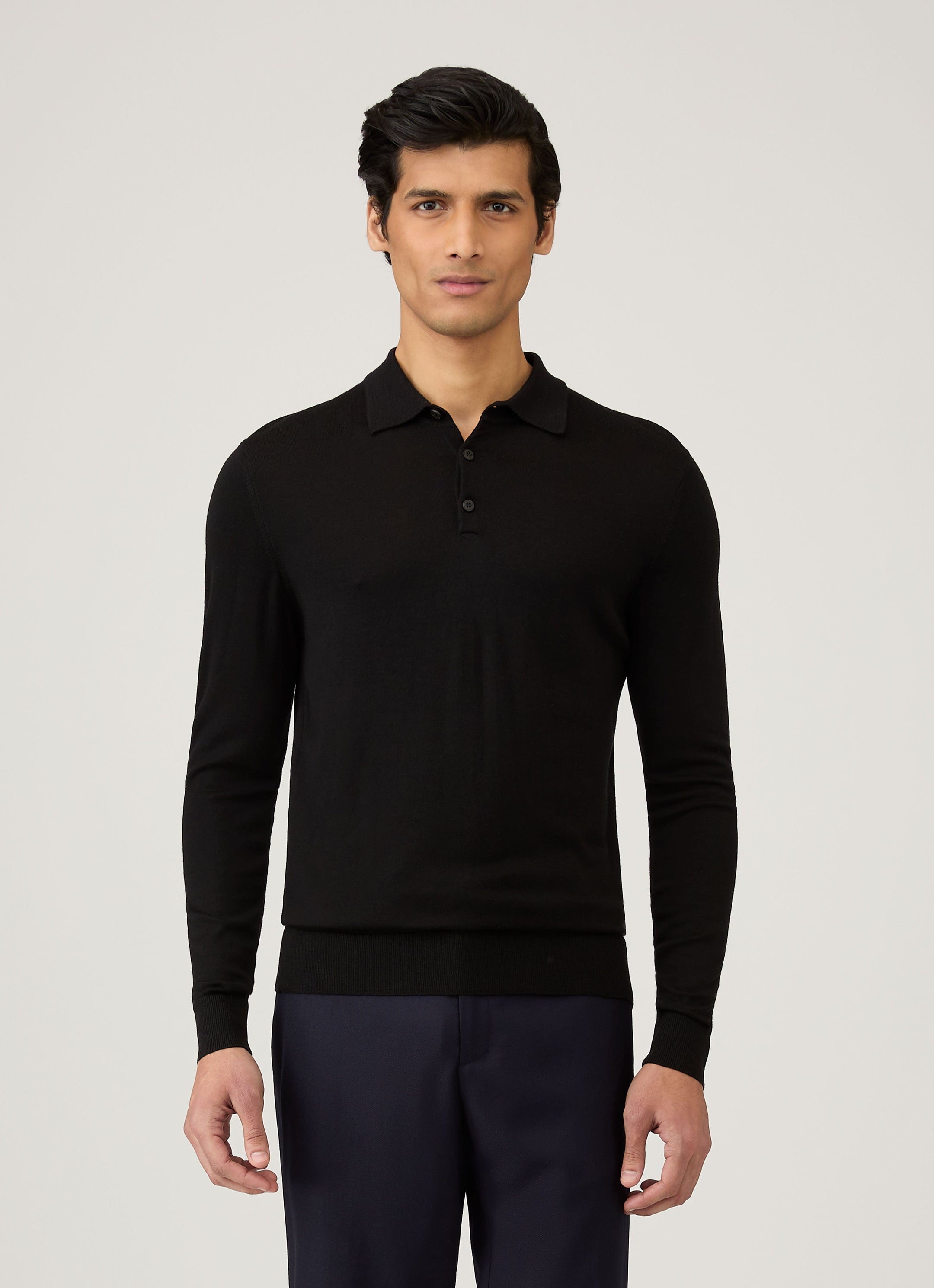 Men's Extra-Fine Merino Knitted Polo Shirt in Black