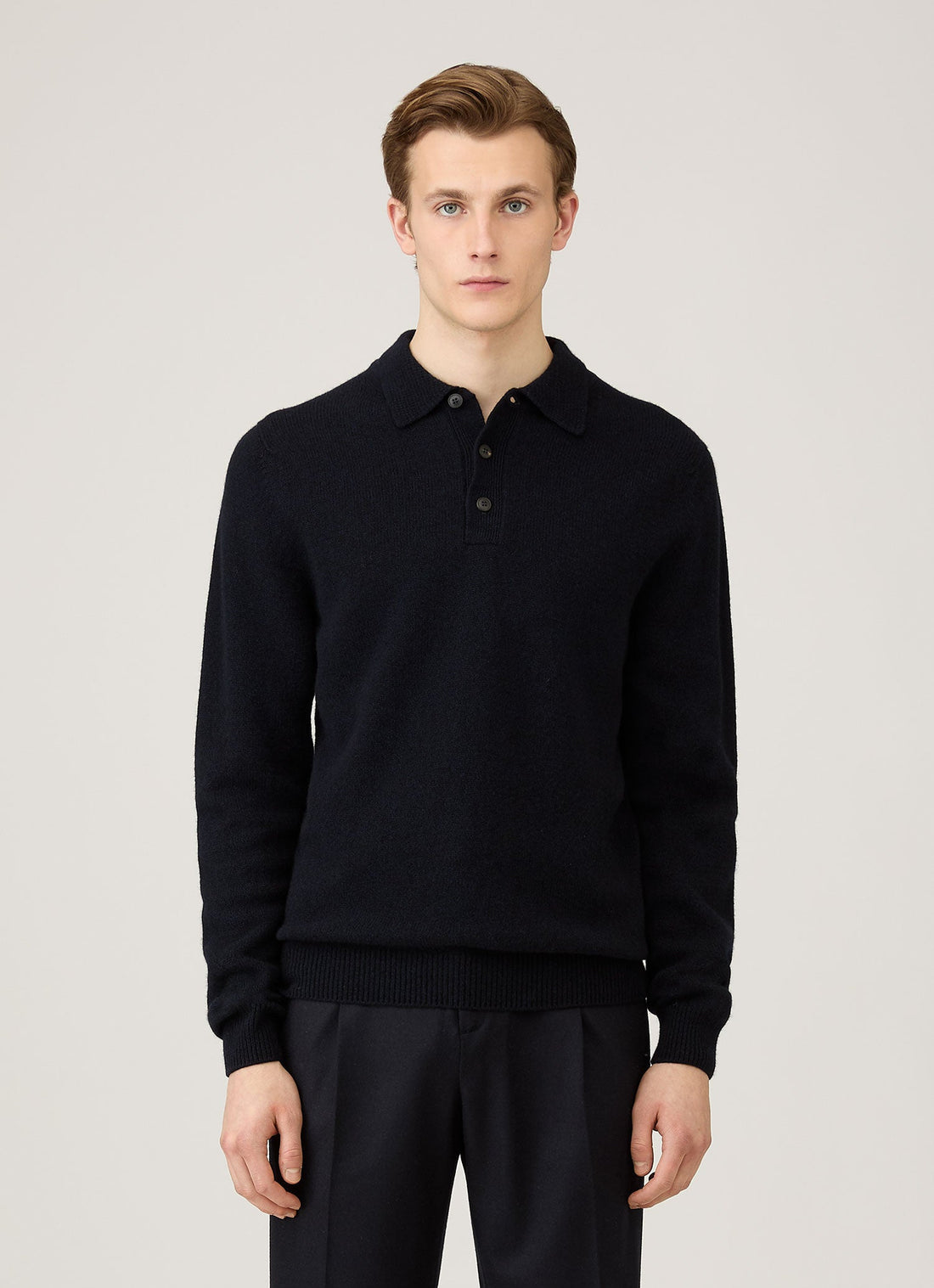 Men's Lambswool Knitted Polo Shirt in Dark Navy Mouline