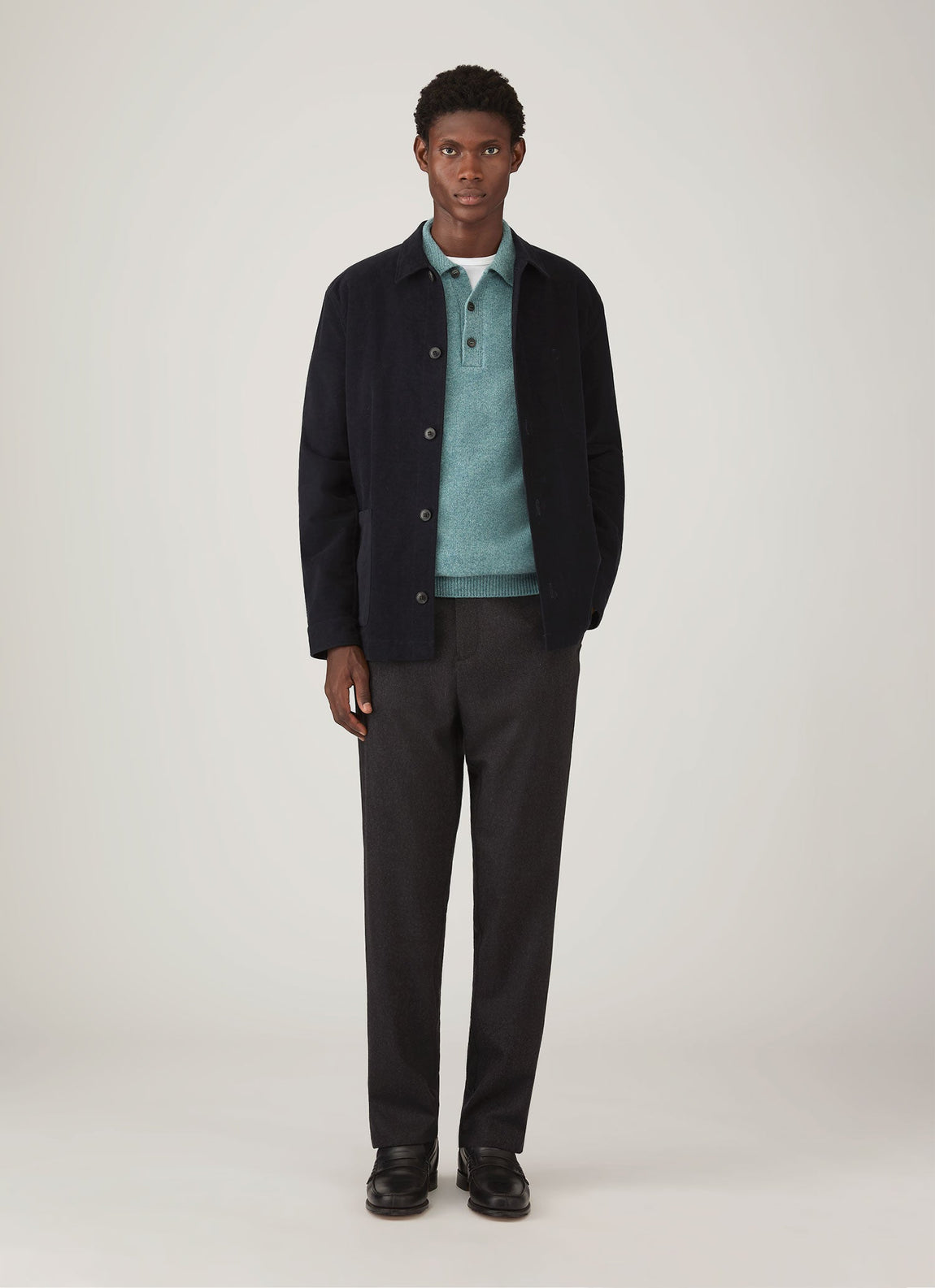 Men's Lambswool Knitted Polo Shirt in Steel Green