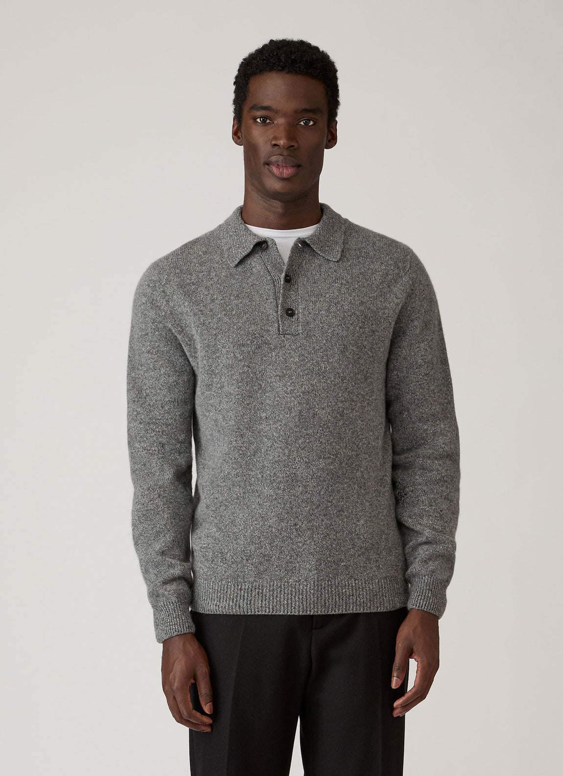 Men's Lambswool Knitted Polo Shirt in Mid Grey Melange