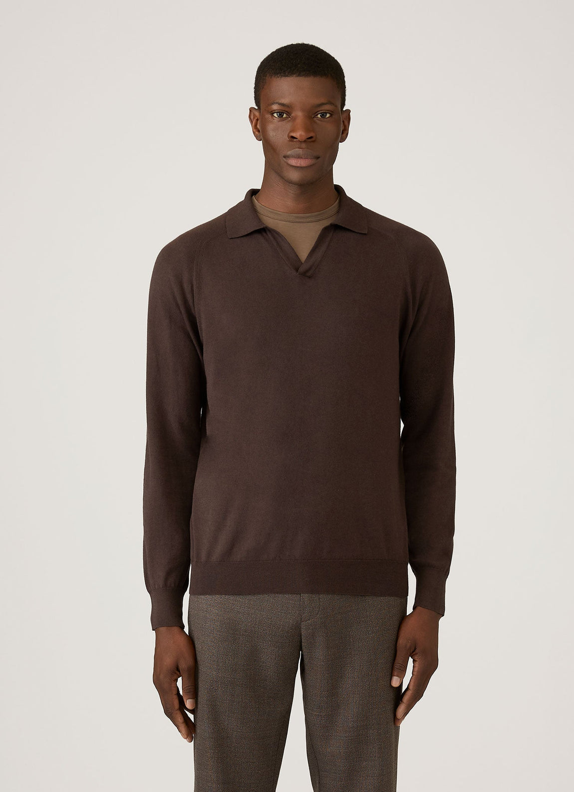 Men's Sea Island Cashmere Knitted Polo in Dark Chocolate