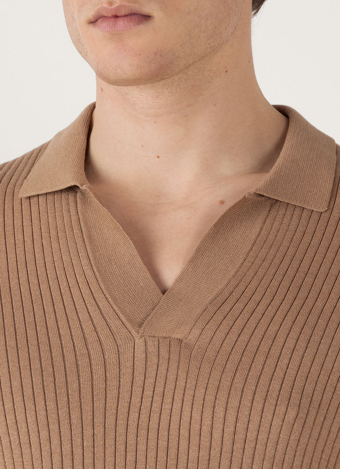 Men's Fine Rib Silk Cotton Polo Shirt in Dune