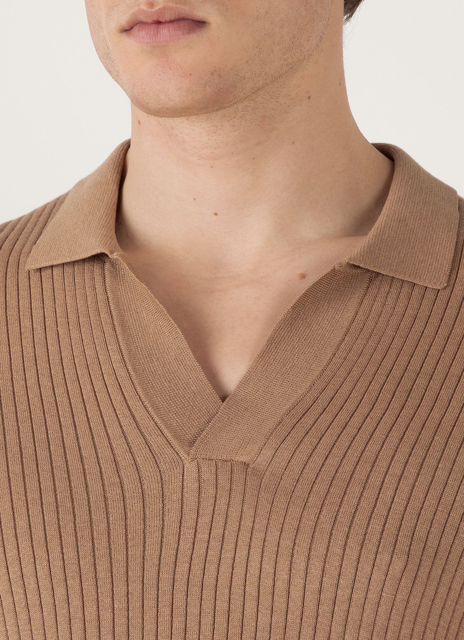 Men's Fine Rib Silk Cotton Polo Shirt in Dune