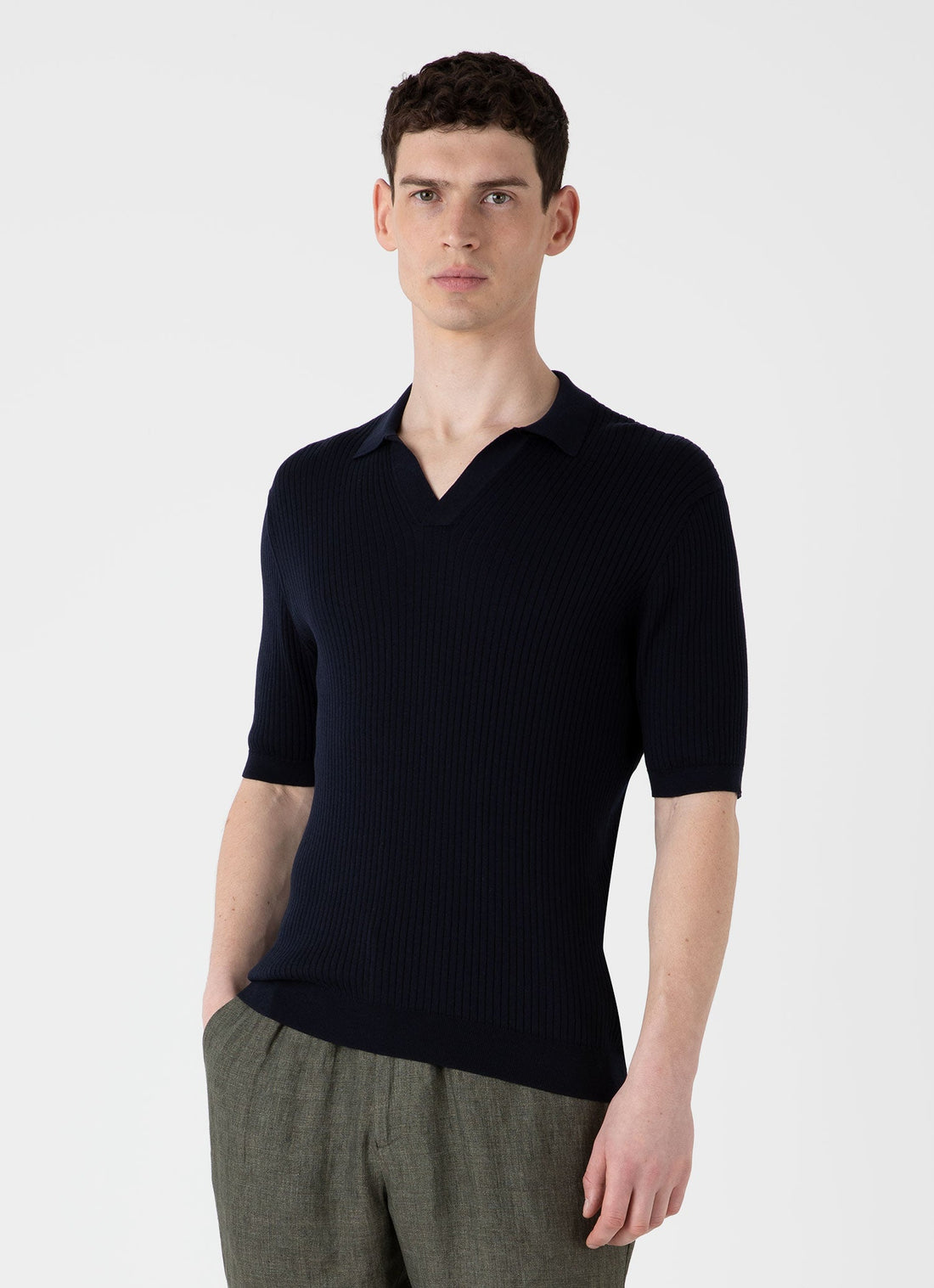 Men's Fine Rib Silk Cotton Polo Shirt in Navy