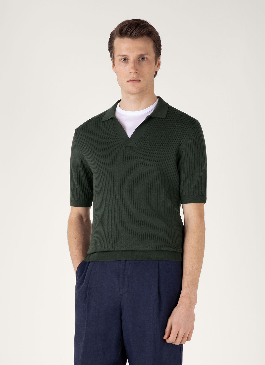 Men's Fine Rib Silk Cotton Polo Shirt in Dusk Green