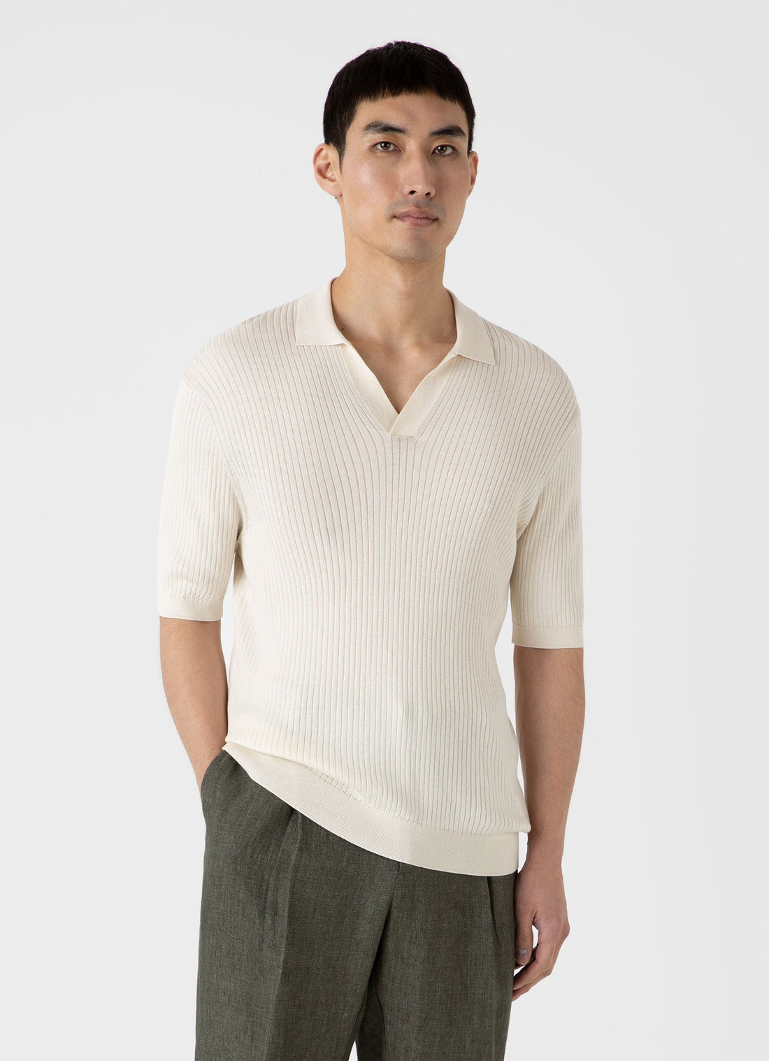 Men's Fine Rib Silk Cotton Polo in Ecru