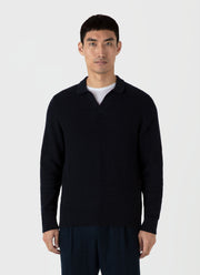 Men's Long Sleeve Textured Cotton Polo Shirt in Navy