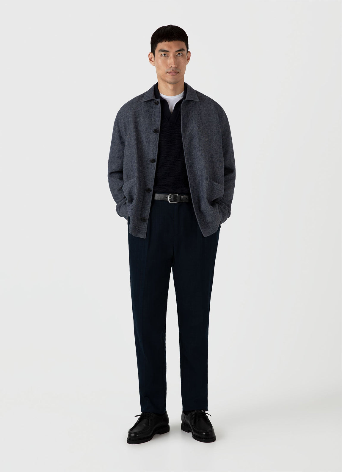 Men's Long Sleeve Textured Cotton Polo Shirt in Navy