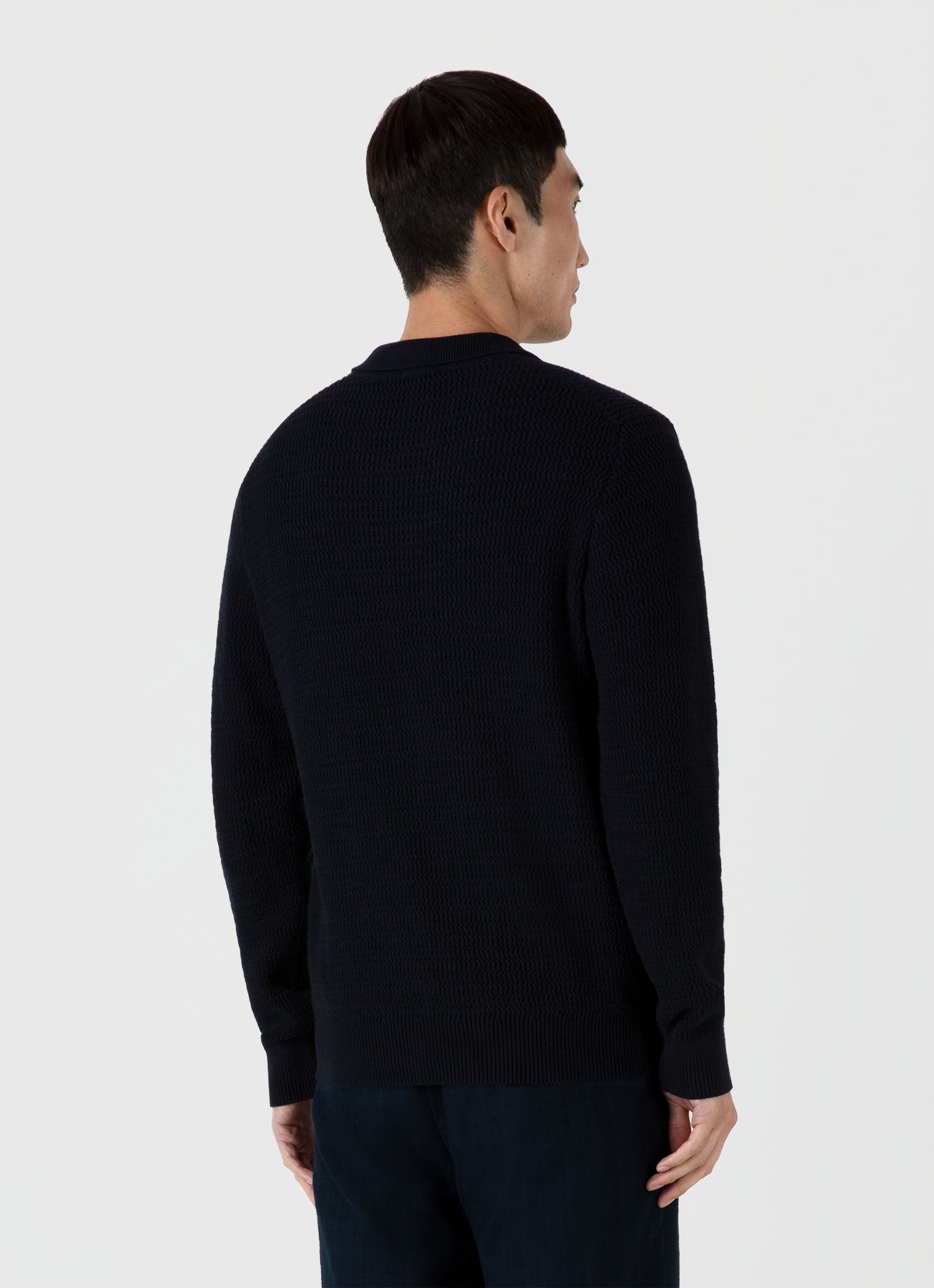 Men's Long Sleeve Textured Cotton Polo Shirt in Navy