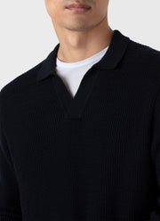 Men's Long Sleeve Textured Cotton Polo Shirt in Navy