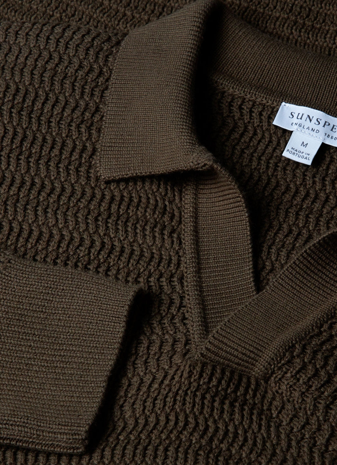 Men's Long Sleeve Textured Cotton Polo Shirt in Khaki