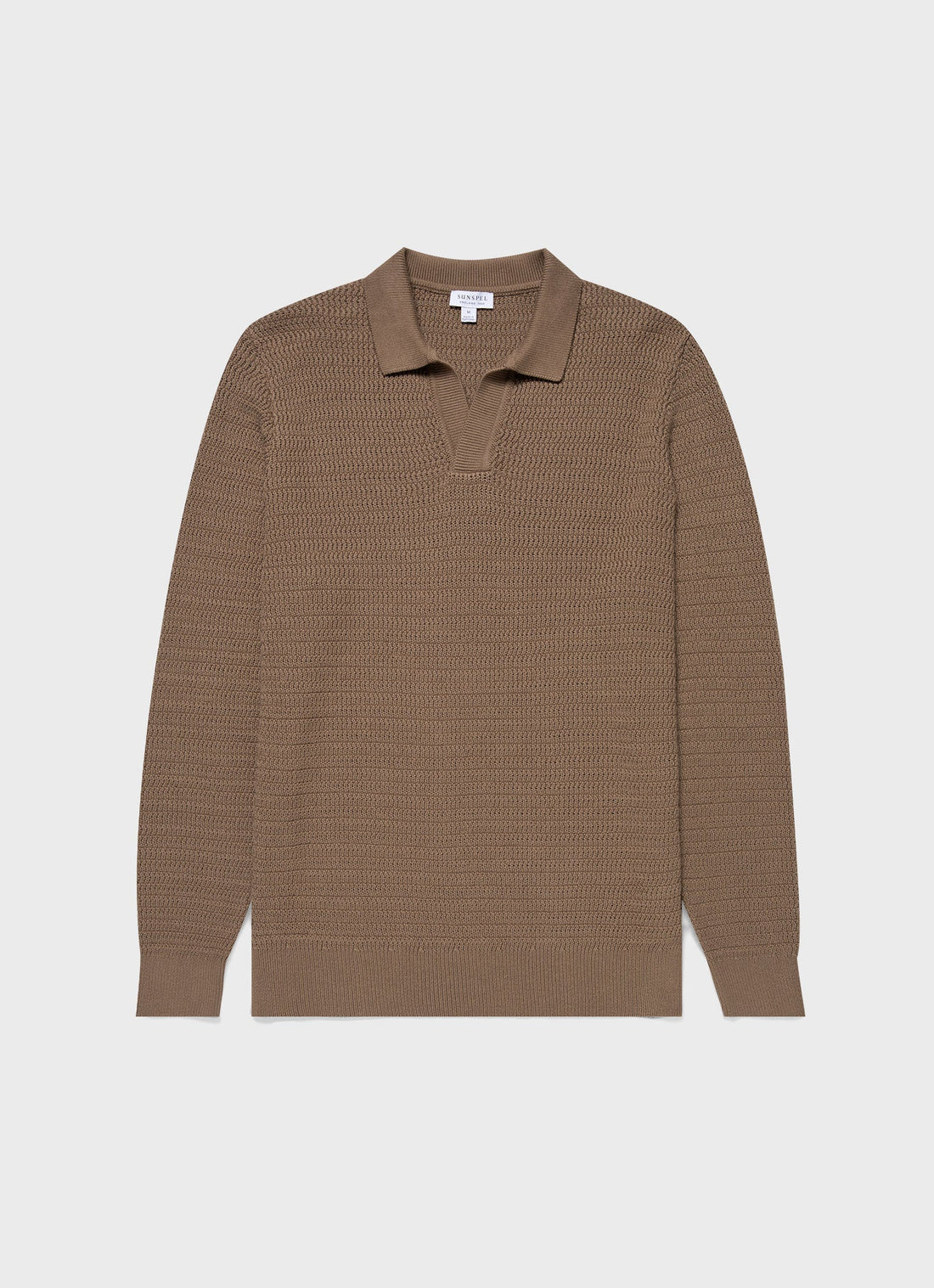 Men's Long Sleeve Textured Cotton Polo Shirt in Dark Stone