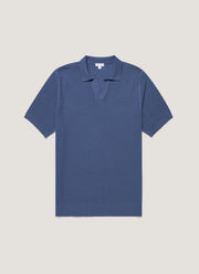 Men's Compact Mesh Knit Polo Shirt in Soft Denim
