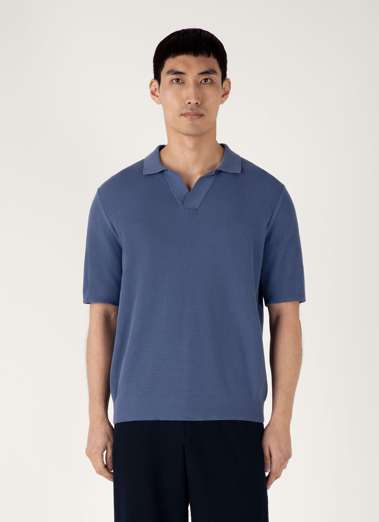 Men's Compact Mesh Knit Polo Shirt in Soft Denim