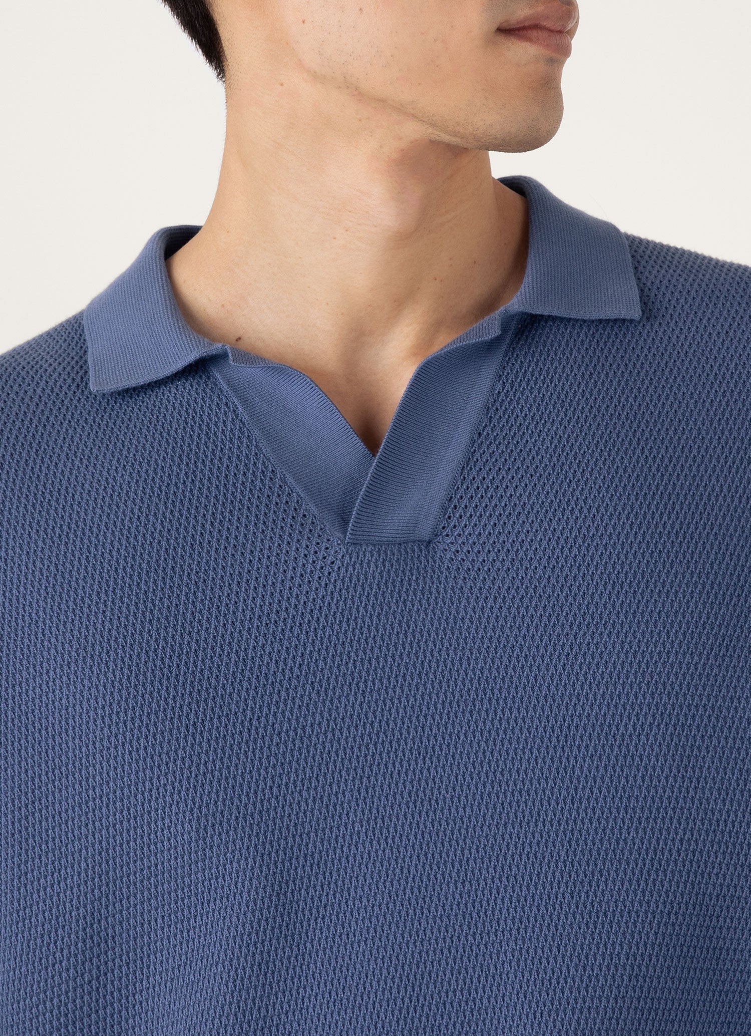 Men's Compact Mesh Knit Polo Shirt in Soft Denim