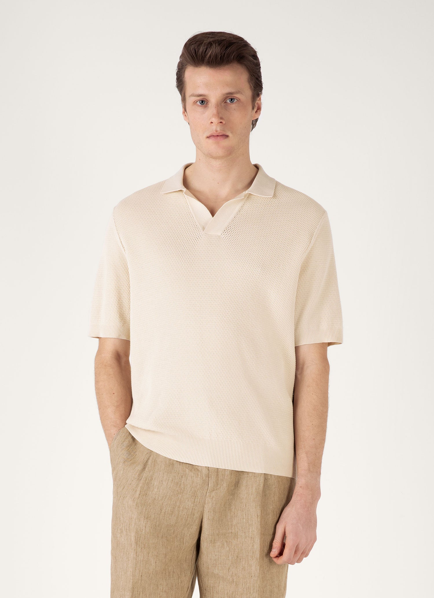 Men's Compact Mesh Knit Polo Shirt in Ecru