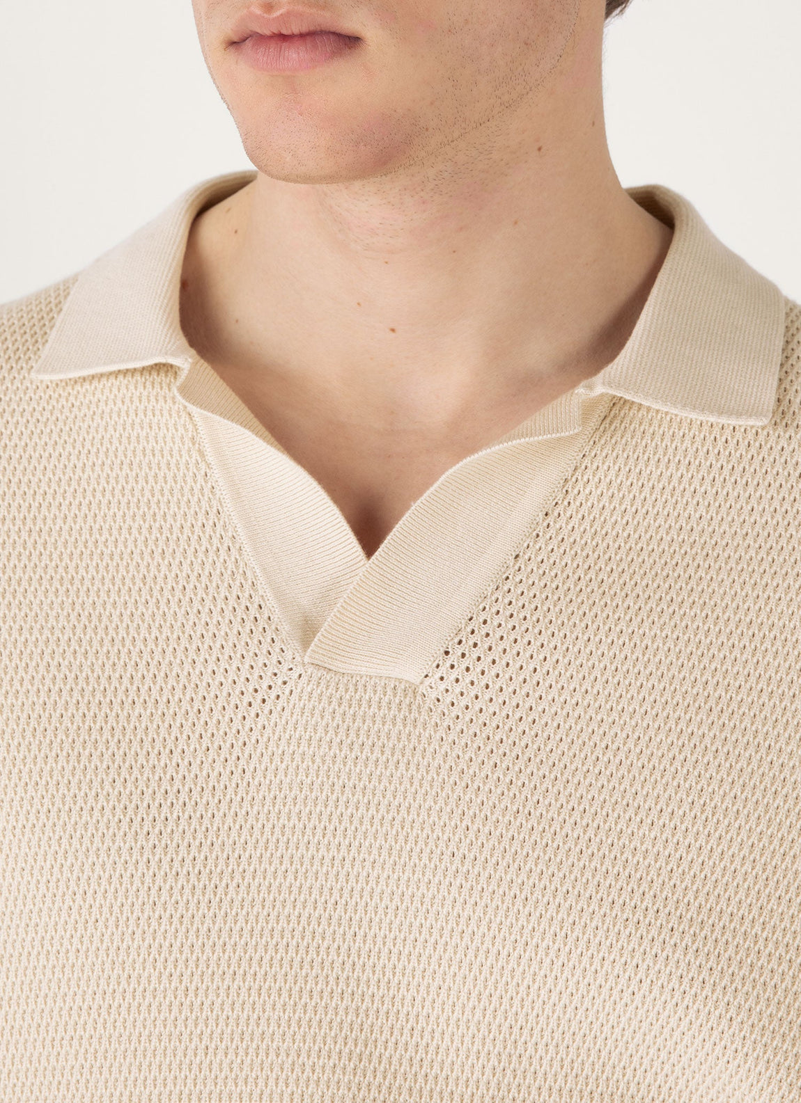 Men's Compact Mesh Knit Polo Shirt in Ecru