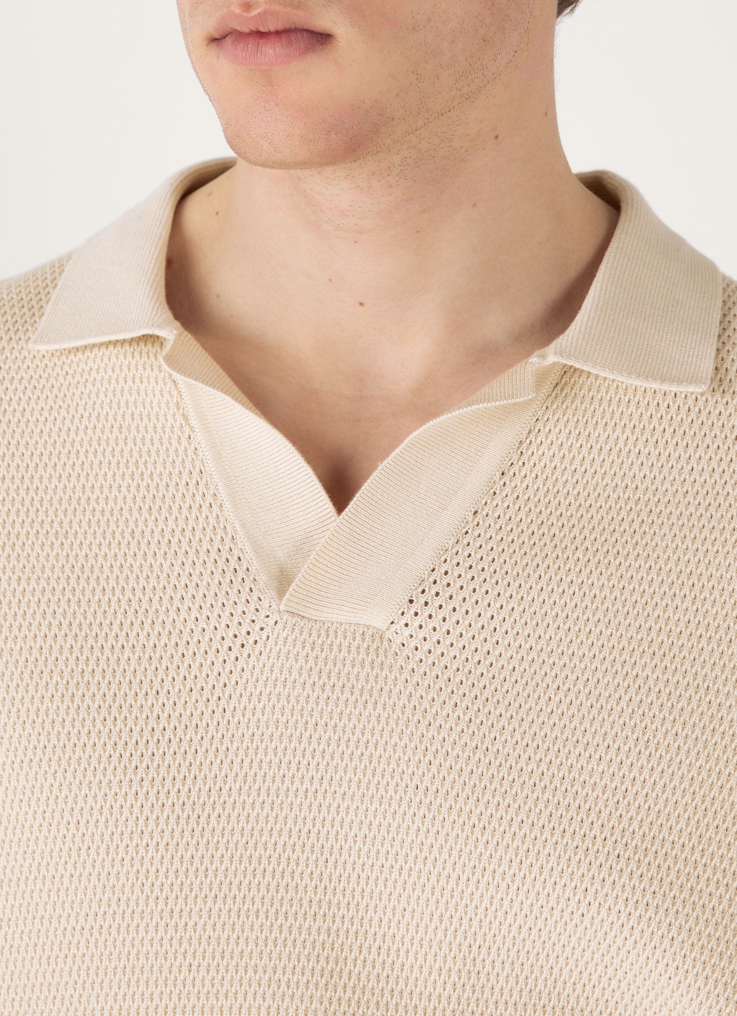 Men's Compact Mesh Knit Polo Shirt in Ecru