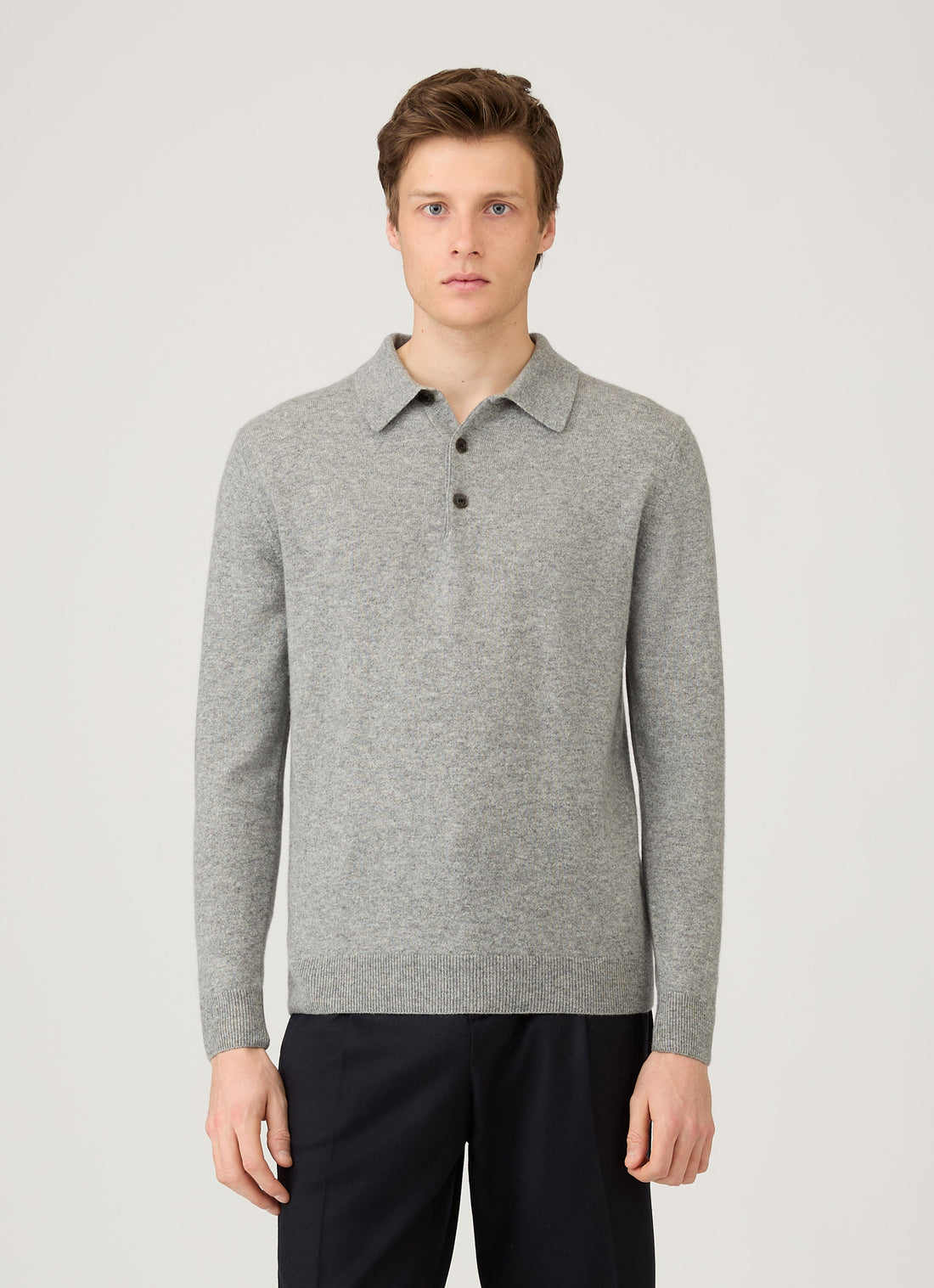 Men's Cashmere Knitted Polo Shirt in Grey Melange