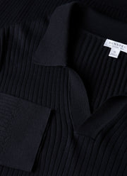 Men's Long Sleeve Fine Rib Silk Cotton Polo in Navy