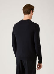 Men's Long Sleeve Fine Rib Silk Cotton Polo in Navy