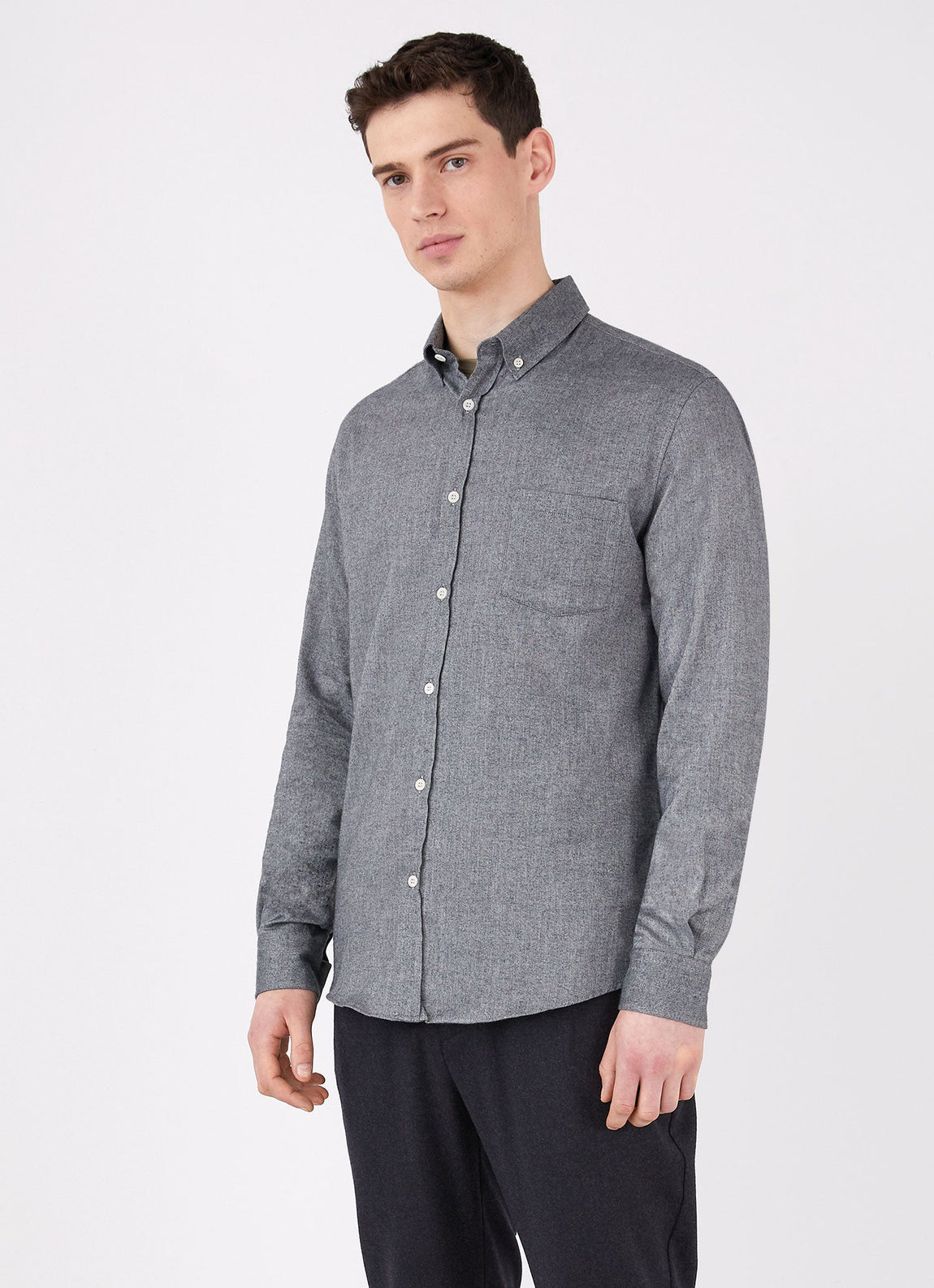 Men's Button Down Flannel Shirt in Mid Grey Melange