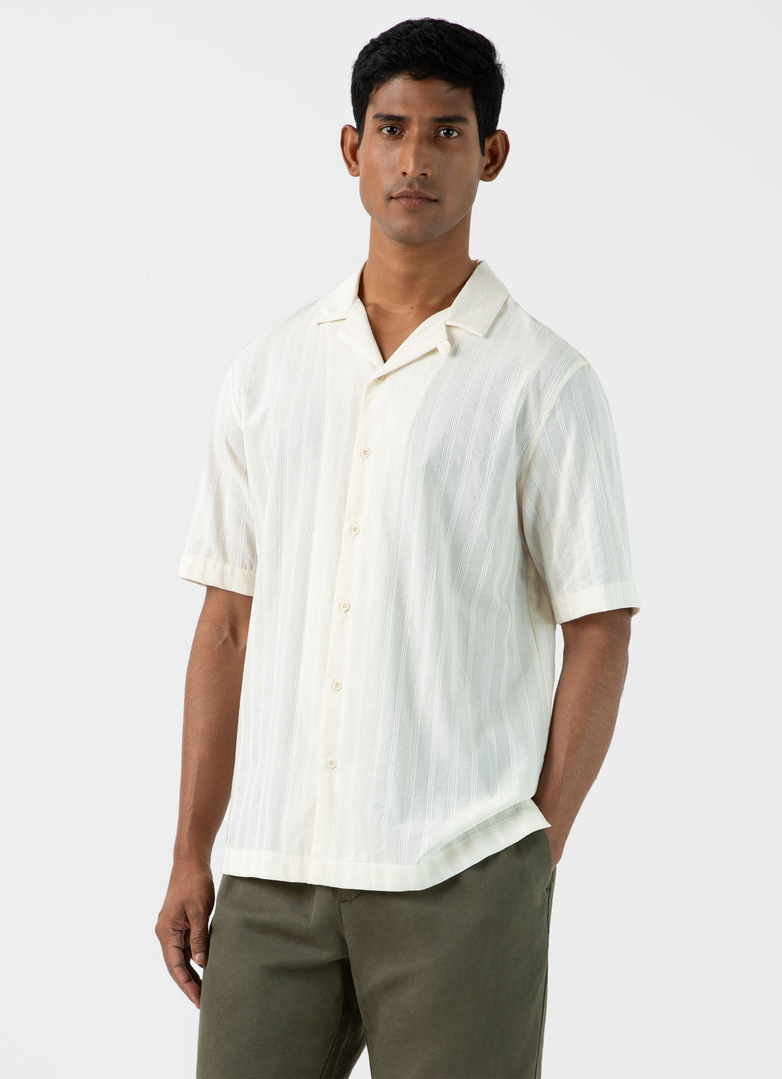 Men's Embroidered Stripe Camp Collar Shirt in Ecru