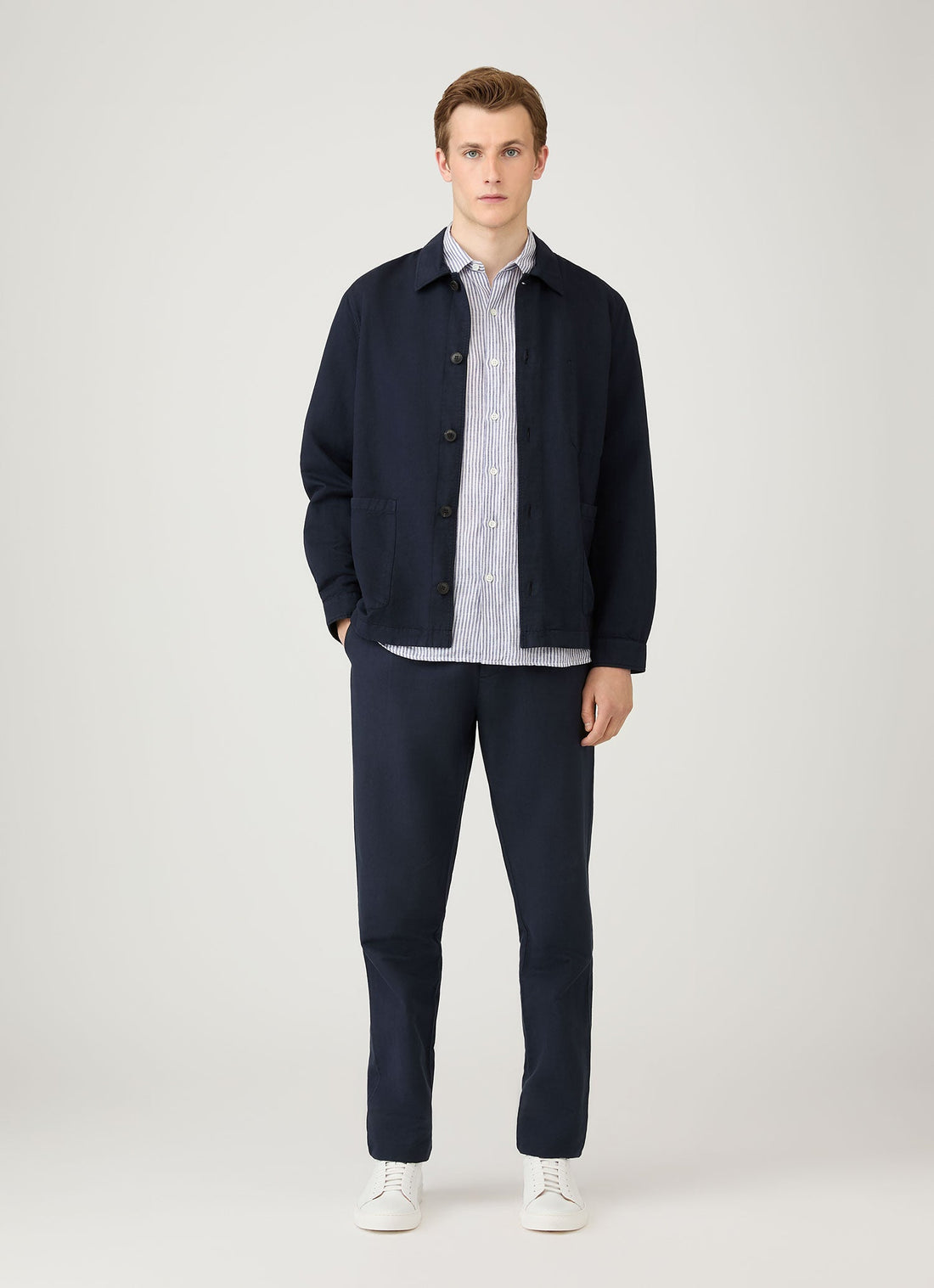 Men's Short Sleeve Linen Shirt in Navy/White