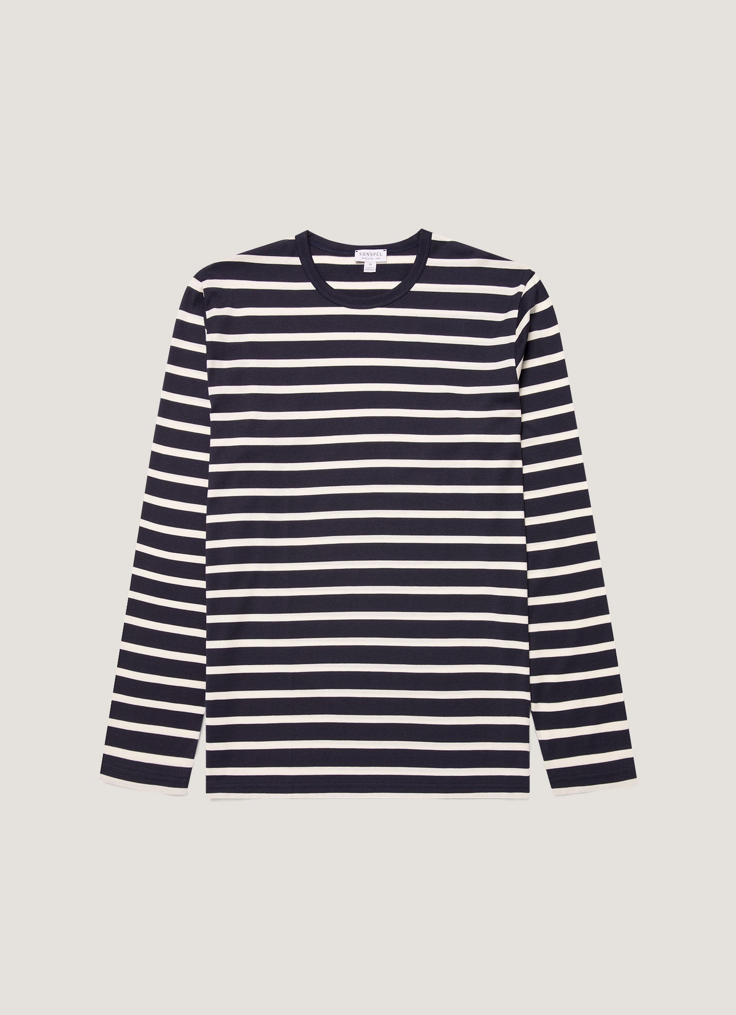 Men's Long Sleeve Classic T-shirt in Navy/Ecru Breton Stripe | Sunspel