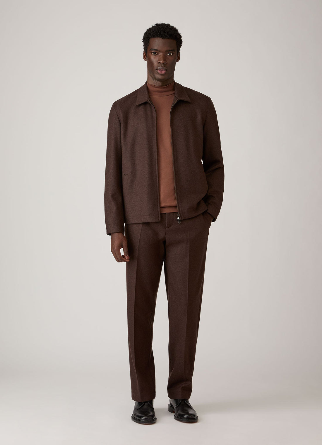 Men's Long Sleeve Brushed Cotton Mock Neck T-shirt in Chestnut