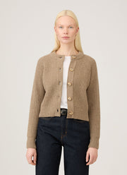 Women's Ribbed Crew Neck Cardigan in Mink