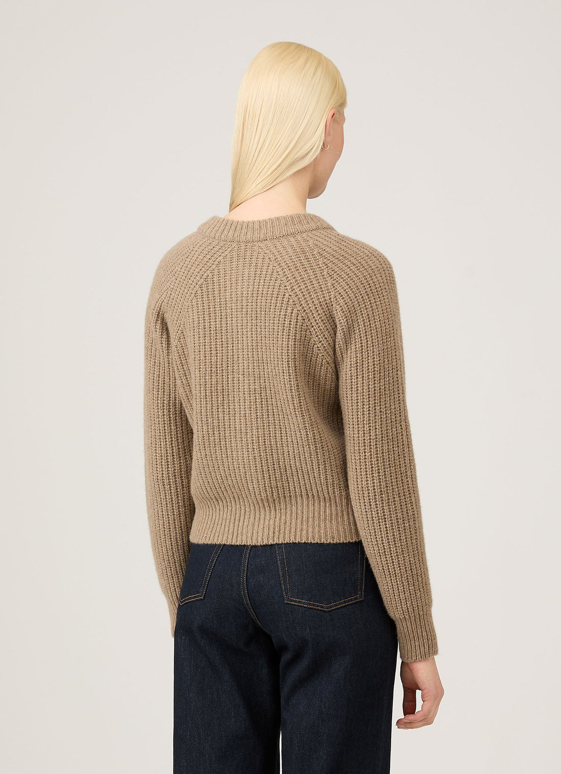 Women's Ribbed Crew Neck Cardigan in Mink